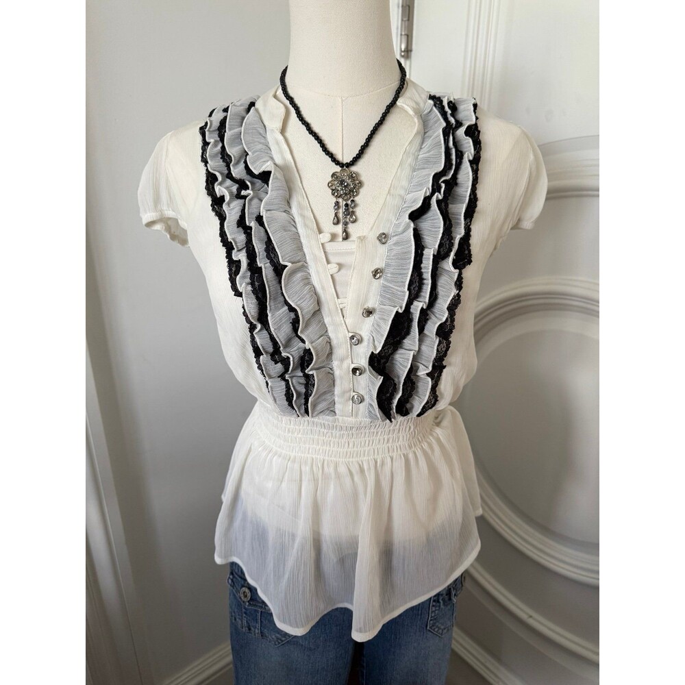 B Works Black and White Ruffle Blouse